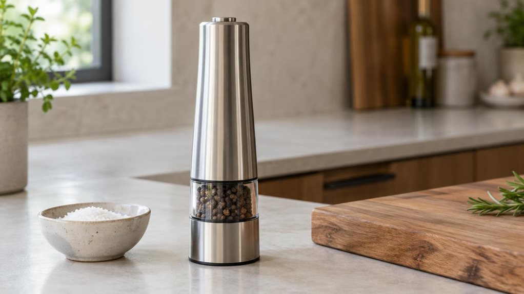 A photograph of a single classic electric salt-and-pepper grinder standing on a kitchen counter, composed as a 16:9 landscape scene. The grinder is the clear hero, with a polished stainless-steel finish, a gently tapered shape, and a transparent section revealing peppercorns inside. It sits naturally beside a small ceramic bowl of coarse salt and a wooden chopping board, against a calm, modern kitchen backdrop with pale stone and warm timber details. The scene feels candid an