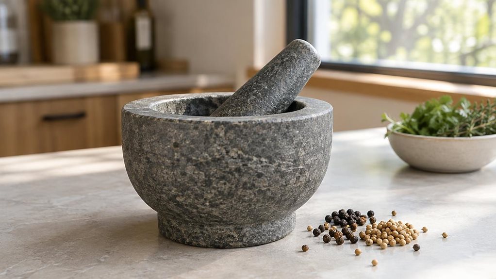 A photograph of a single stone mortar and pestle resting on a pale kitchen countertop, composed as a horizontal 16:9 landscape scene. The substantial, subtly textured mortar is the clear hero, with its matching pestle resting inside at a slight angle. A few whole peppercorns and coriander seeds sit nearby, suggesting everyday use without showing anyone in action. In the softly blurred background, warm wooden cabinetry, a small bowl of herbs, and a sunlit window create a calm,