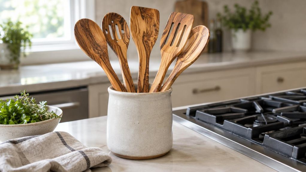 A photograph of a five-piece olive wood cooking utensil set arranged beside a stovetop in a bright, modern kitchen, composed horizontally in a 16:9 landscape frame. The five utensils—spoons and spatulas with gently varied shapes—rest naturally in a simple ceramic crock, their warm, distinctive wood grain clearly visible. A folded linen towel and a small bowl of fresh herbs sit nearby, suggesting everyday cooking without making the scene feel staged. The utensils are the clear