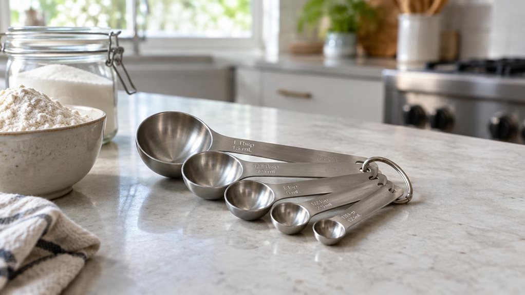 A photograph of a single five-piece measuring spoon set resting naturally on a pale stone kitchen countertop, arranged in a loose, slightly overlapping row with the rounded bowls and linked handles clearly visible. The spoons have a realistic brushed stainless-steel finish and subtle engraved measurement markings, with no visible branding. Nearby, a small ceramic bowl of flour and a glass jar of sugar suggest everyday baking without distracting from the product. The scene is 