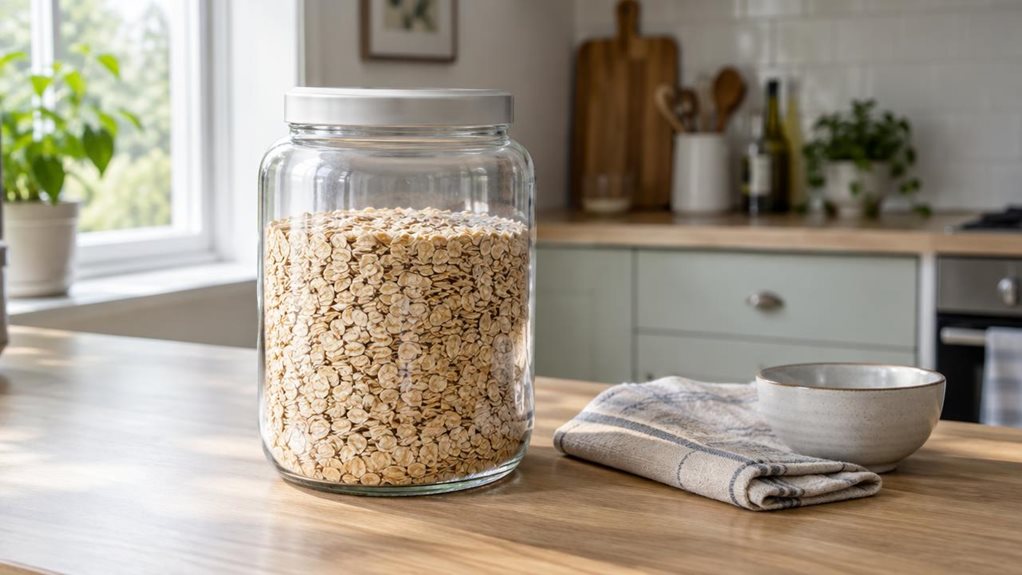 A photograph of a single clear 2.5-liter storage jar resting on a light oak kitchen counter, filled with rolled oats and sealed with a simple, unbranded lid. The jar is the hero of a horizontally composed 16:9 landscape scene, shown naturally in a calm, lived-in kitchen beside a folded linen towel and a small ceramic bowl. Soft daylight falls through a nearby window, creating gentle highlights on the glass and subtle shadows across the counter. In the softly blurred backgroun