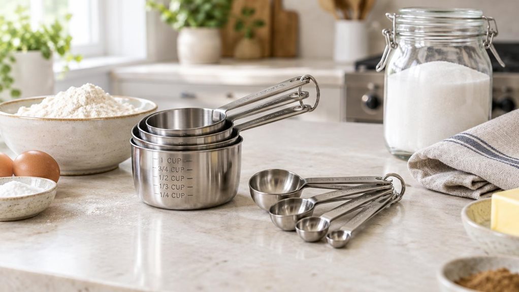 A photograph of a stainless-steel measuring cups and spoons set resting neatly on a pale stone kitchen counter, arranged beside a small bowl of flour and a glass jar of sugar. The single unbranded set is the clear hero, with polished metal surfaces, engraved measurement markings, and connecting rings rendered in lifelike detail. A folded linen tea towel and a few understated baking ingredients add a relaxed, lived-in feel without distracting from the product. The horizontally