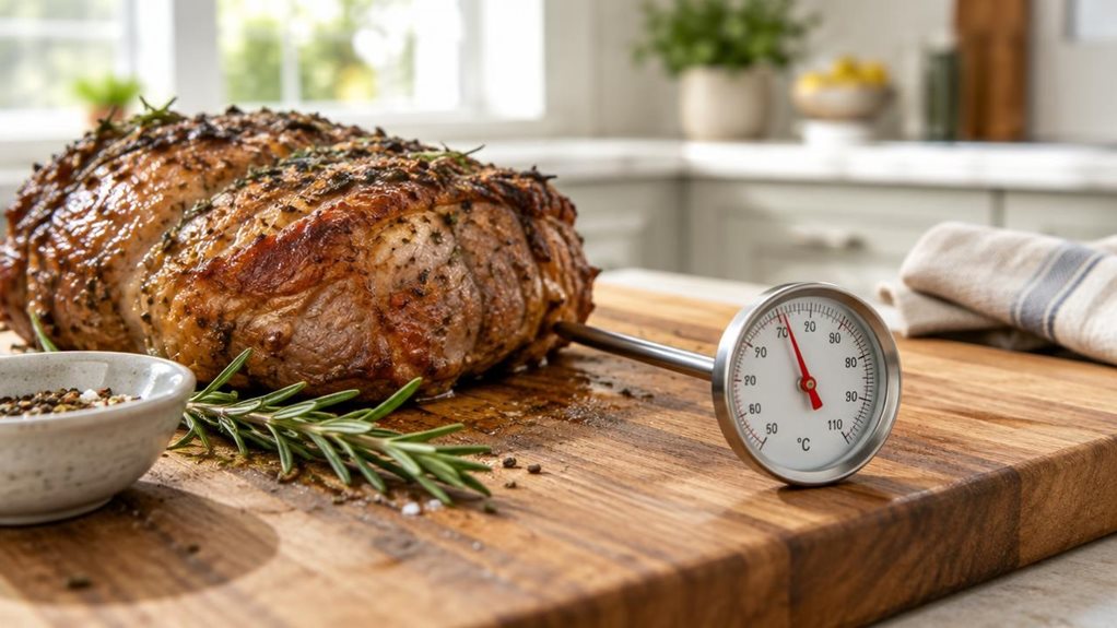 A photograph of a single analogue meat thermometer resting beside a golden-brown roast on a wooden cutting board in a bright, modern kitchen. The thermometer’s stainless-steel probe and clear round dial are sharply in focus, with realistic temperature markings and subtle reflections; the dial is angled toward the viewer and free of any visible branding. The roast sits naturally nearby, with a few sprigs of rosemary and a small dish of seasoning adding understated detail. In t