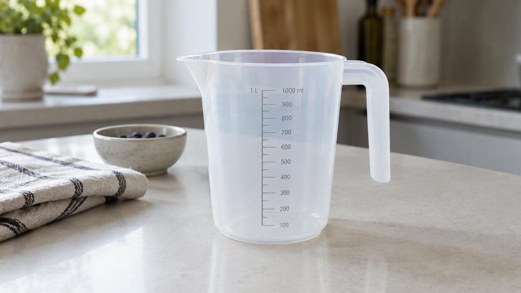 A photograph of a single one-litre polypropylene measuring pitcher resting on a clean, pale kitchen worktop, composed as a horizontal 16:9 landscape scene. The pitcher is the clear hero: translucent, lightly frosted plastic with a sturdy handle, a neat pouring spout, and crisp, realistic measurement markings visible along its side. A folded tea towel and a small bowl sit nearby, suggesting an everyday kitchen without distracting from the product. The scene feels candid and ob