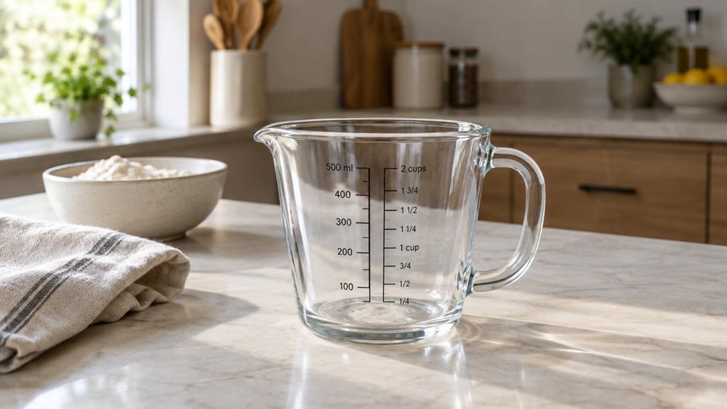 A photograph of a single clear borosilicate glass measuring cup resting on a pale stone kitchen counter, its sturdy handle and fine black measurement markings sharply visible. The cup is empty, with a subtle pouring spout catching the light. Nearby, a folded linen towel and a small bowl of flour suggest an everyday baking setting without distracting from the product. Soft daylight falls in from a kitchen window, creating gentle reflections on the glass and natural shadows acr