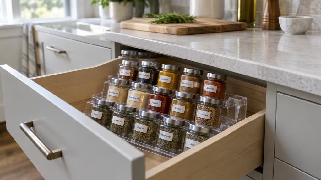 A photograph of a single expandable spice rack drawer organizer fitted neatly inside a kitchen drawer, shown in a horizontally composed 16:9 landscape scene. The clear, tiered organizer holds a tidy assortment of small glass spice jars with simple, unbranded labels, making each jar easy to see and reach. The drawer is partially open beneath a pale stone countertop, with a wooden cutting board and a few understated kitchen essentials softly blurred in the background. Natural w