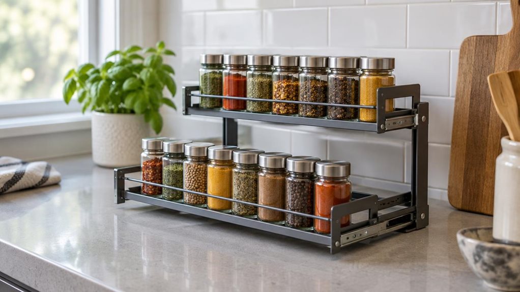 A photograph of a single two-tier extendable spice rack resting on a clean kitchen counter beside a tiled backsplash. The rack is the clear hero, shown fully extended with neatly arranged glass spice jars on both levels; their varied spices create a subtle palette of warm reds, greens, and golds. Its understated metal frame and practical sliding design are visible, with no labels or branding. A few everyday kitchen details—a wooden cutting board and a small potted herb—sit ne