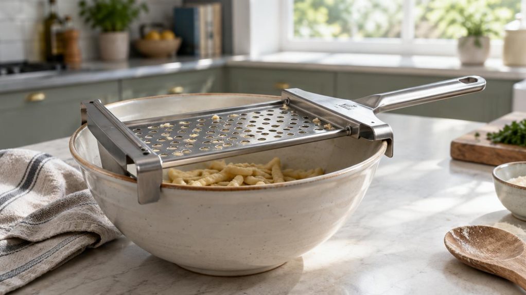 A photograph of a single stainless-steel spaetzle slicer resting across the rim of a wide ceramic mixing bowl on a bright, lived-in kitchen counter. The slicer’s perforated metal plate and sturdy side rests are clearly visible, with a small amount of pale spaetzle dough in the bowl beneath it; a folded linen towel and a wooden spoon sit nearby, suggesting a homemade meal without showing anyone mid-action. A softly blurred kitchen in the background includes muted cabinetry, a