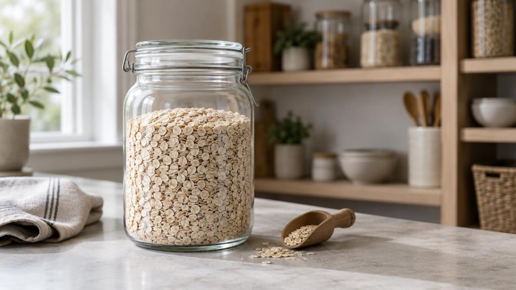 A photograph of a single clear glass storage jar with a simple airtight lid, resting on a pale stone kitchen countertop in a calm, modern pantry. The jar is filled with rolled oats, with its contents and clean, sturdy construction clearly visible. Nearby, a folded linen towel and a small wooden scoop add natural, everyday detail without distracting from the product. The horizontally composed 16:9 landscape scene feels candid and observational, as though captured during a quie