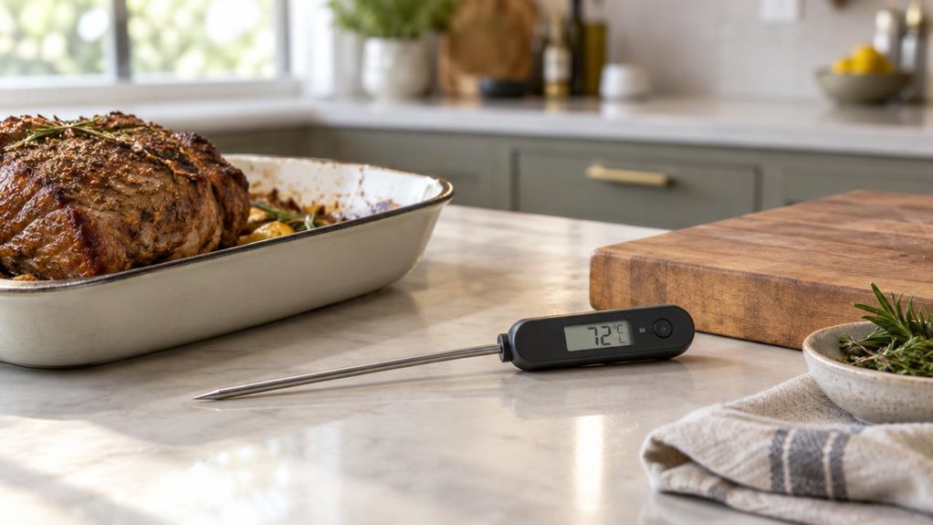 A photograph of a single digital roasting thermometer resting beside a wooden cutting board on a clean, modern kitchen counter, with a roast in a shallow baking dish nearby. Its slim stainless-steel probe and compact dark digital display are clearly visible, angled naturally as though set down between cooking steps. A folded linen towel and a small dish of herbs add understated, lived-in detail without distracting from the thermometer. The scene is horizontally composed in a