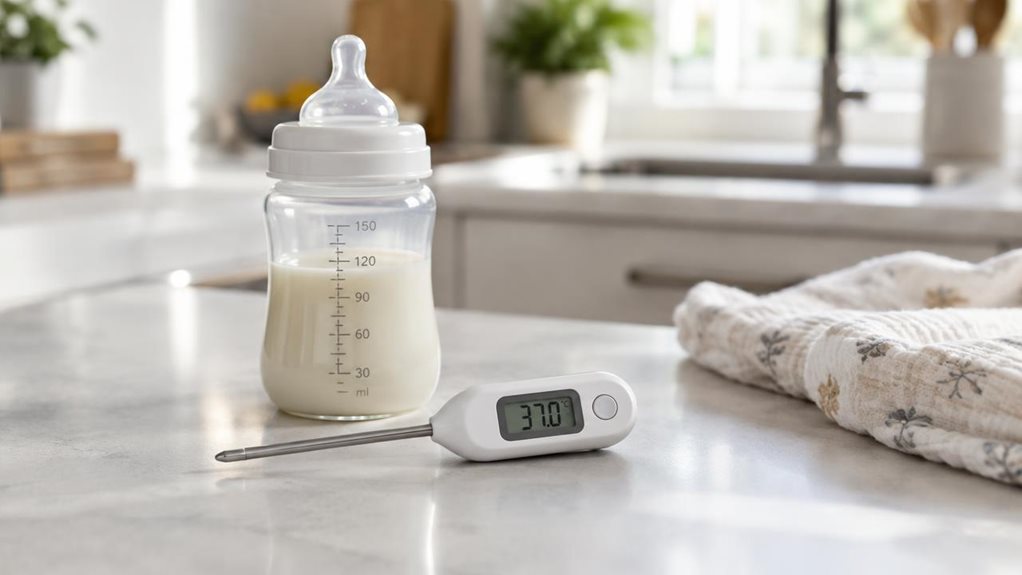 A photograph of a Reer Foodtemp digital bottle thermometer resting beside a baby bottle on a clean kitchen counter, composed as a horizontal 16:9 landscape scene. The thermometer is the clear hero: a compact white digital device with a small, legible temperature display and a slim probe, positioned naturally beside the bottle rather than arranged like a catalog shot. In the softly blurred background, a bright, modern kitchen and a folded muslin cloth suggest an everyday feedi
