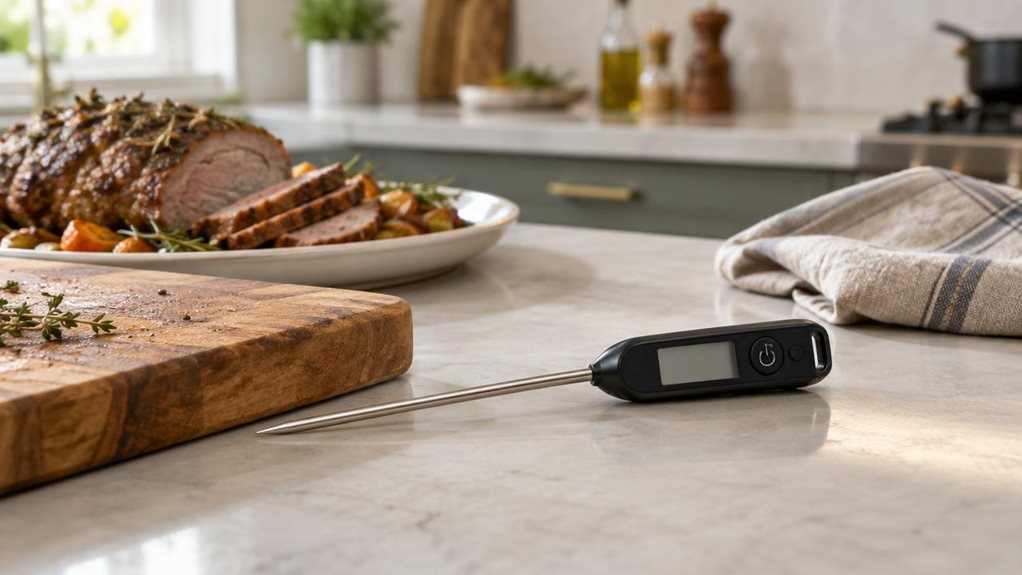 A photograph of a single digital meat thermometer resting beside a wooden cutting board on a clean, modern kitchen counter, composed horizontally in a 16:9 landscape frame. Its slim stainless-steel probe and compact black digital display are clearly visible, with the screen facing the camera but showing no legible branding. Nearby, a plated roast and a folded linen towel suggest a relaxed home-cooking setting without making the scene feel staged. The thermometer is the hero o