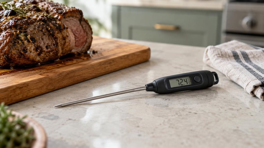 A photograph of a single digital meat thermometer resting naturally on a pale stone kitchen counter beside a wooden cutting board, with a roast cooling nearby. The thermometer is the clear hero: a realistic, compact design with a clean digital display, a slim stainless-steel probe, and a comfortable dark handle, shown at a slight angle as if casually set down after use. The roast, folded linen towel, and softly suggested kitchen cabinetry create an inviting home-cooking conte