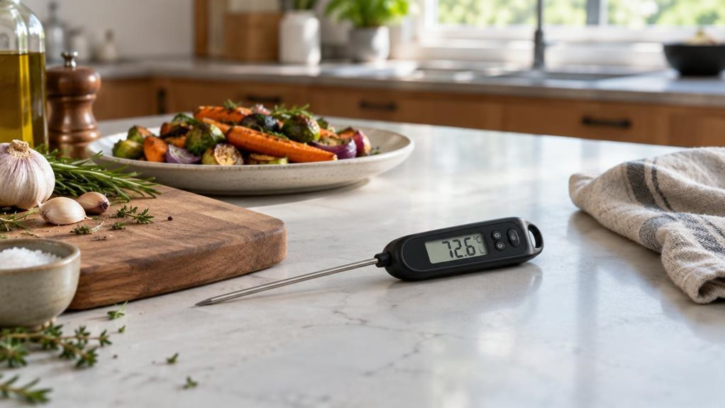 A photograph of a single digital cooking thermometer resting on a clean kitchen counter beside a wooden cutting board and a plate of roasted vegetables, in a horizontally composed 16:9 landscape scene. The thermometer is the clear hero, angled naturally with its slim metal probe and easy-to-read digital display visible; the screen shows a plausible cooking temperature. A folded linen towel and a few subtle cooking ingredients add a lived-in feel without clutter. In the softly