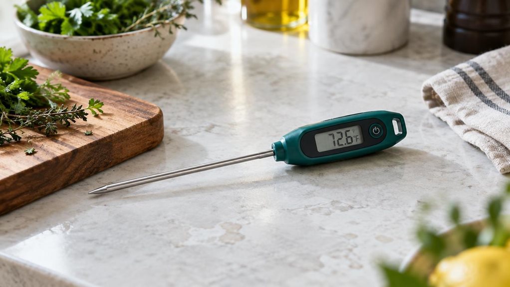 A photograph of a Green Blue GB178-style digital pen thermometer resting diagonally on a pale stone kitchen counter beside a wooden cutting board and a small bowl of fresh herbs. The slim stainless-steel probe and compact digital display are clearly visible, with a realistic temperature reading on the screen. A folded linen towel and softly suggested kitchen details add a lived-in, observational feel without distracting from the single featured product. The scene is horizonta