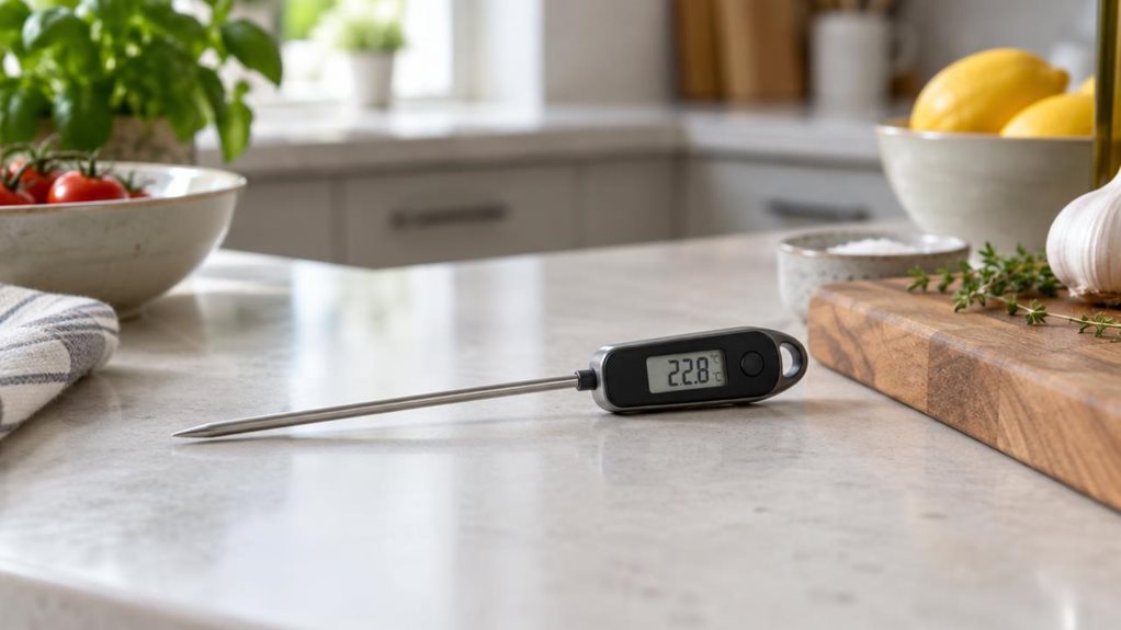 A photograph of a single digital kitchen thermometer resting naturally on a pale stone countertop beside a wooden cutting board, in a calm, modern home kitchen. Its slim stainless-steel probe and compact dark display are clearly visible, with a few softly out-of-focus cooking ingredients and neutral-toned cabinets in the background. The thermometer is the hero of the scene, shown at rest rather than in use, as if casually noticed during meal preparation. Horizontally composed