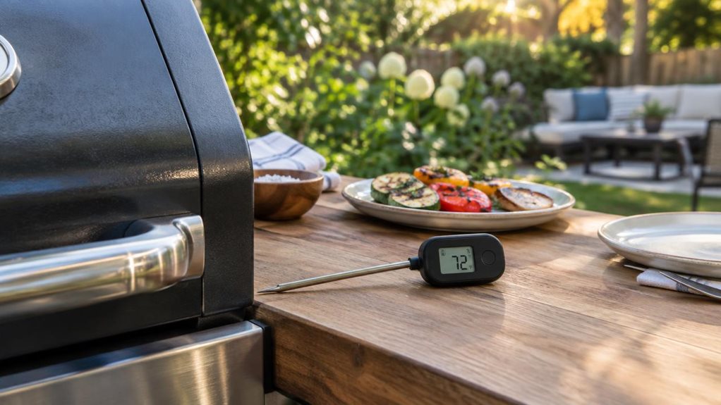 A photograph of a single digital barbecue thermometer resting beside a grill in a horizontally composed 16:9 landscape scene. The sleek stainless-steel probe and compact black display unit are the clear focal point, placed casually on a clean wooden side shelf beside a covered grill. A few grilled vegetables and a plate sit nearby, suggesting an outdoor meal without making the scene feel staged. The display is visible but unobtrusive, with no readable branding. In the softly 