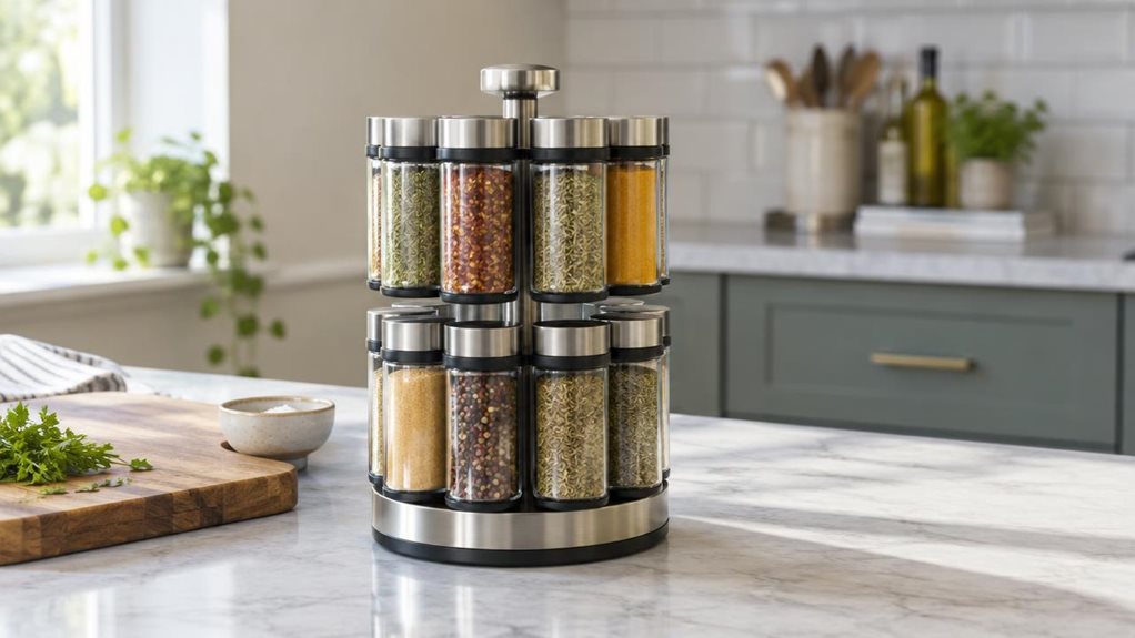 A photograph of a single rotating spice rack resting on a kitchen counter in a bright, modern home. The horizontally composed 16:9 landscape scene frames the rack as the clear hero, with its neatly arranged glass spice jars and polished rotating base shown in crisp detail. It sits naturally beside a wooden chopping board and a small ceramic bowl, as if casually captured during a quiet moment in the kitchen; no one is visible, and nothing is mid-action. Soft window light falls