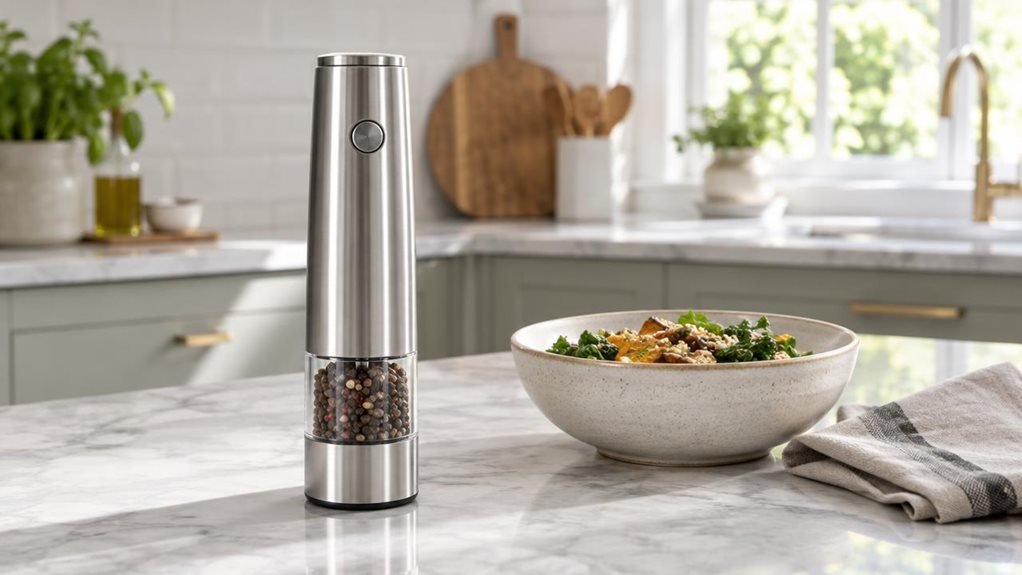 A photograph of a single sleek electric spice mill standing on a kitchen island, its brushed stainless-steel body and clear lower chamber revealing coarse peppercorns. The mill is the clear hero, placed beside a small ceramic bowl of freshly prepared food and a folded linen napkin, as if casually left out after seasoning a meal. In the softly blurred background, a bright contemporary kitchen shows pale cabinetry, a wooden cutting board, and a sunlit window. Natural daylight f