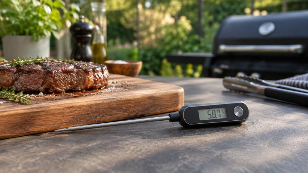 A photograph of a single premium penetration thermometer resting beside a wooden cutting board on an outdoor barbecue prep table, its stainless-steel probe and clear digital display in crisp focus. A neatly cooked piece of meat sits nearby, suggesting the thermometer’s natural use without showing anyone in action. The scene is composed horizontally in a 16:9 landscape frame, with the product as the hero against a relaxed garden setting: softly blurred greenery, a dark modern