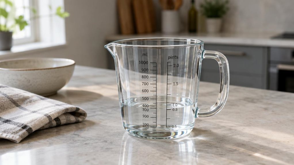 A photograph of a single clear measuring jug resting on a pale stone kitchen countertop, composed horizontally in a 16:9 landscape frame. The jug is the hero of the scene, shown at a natural three-quarter angle with its sturdy handle, pointed pouring spout, and crisp graduated measurement markings clearly visible. A small amount of water sits inside, catching the soft daylight without obscuring the scale. Nearby, a folded linen tea towel and a simple ceramic bowl suggest an e