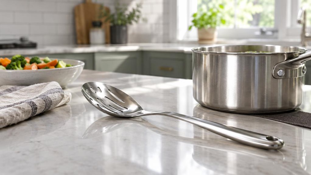 A photograph of a single stainless steel slotted spoon resting naturally beside a saucepan on a clean, modern kitchen counter, composed horizontally in a 16:9 landscape frame. The spoon is the clear hero, its polished metal catching gentle highlights while the evenly spaced drainage slots and softly curved handle remain sharply defined. A folded linen tea towel and a small bowl of prepared vegetables sit nearby, suggesting an everyday cooking routine without appearing staged 