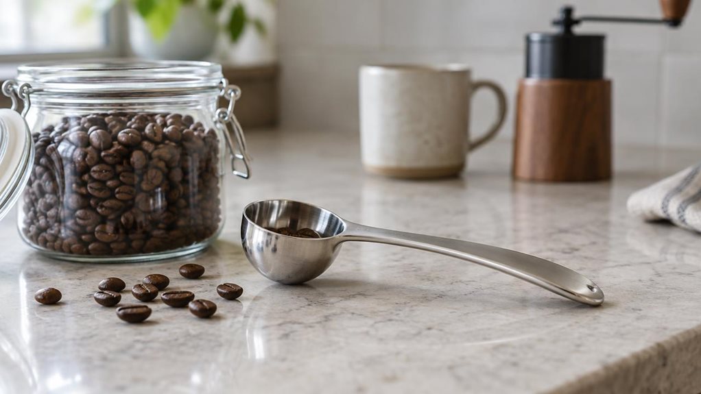 A photograph of a single stainless steel coffee measuring spoon resting beside an open glass jar of coffee beans on a pale stone kitchen counter, composed horizontally in a 16:9 landscape frame. The spoon is the clear hero, its polished bowl and gently curved handle catching soft natural window light, with a few beans scattered nearby for a casual, lived-in feel. In the softly blurred background, a ceramic mug and simple coffee grinder suggest a quiet morning routine without 