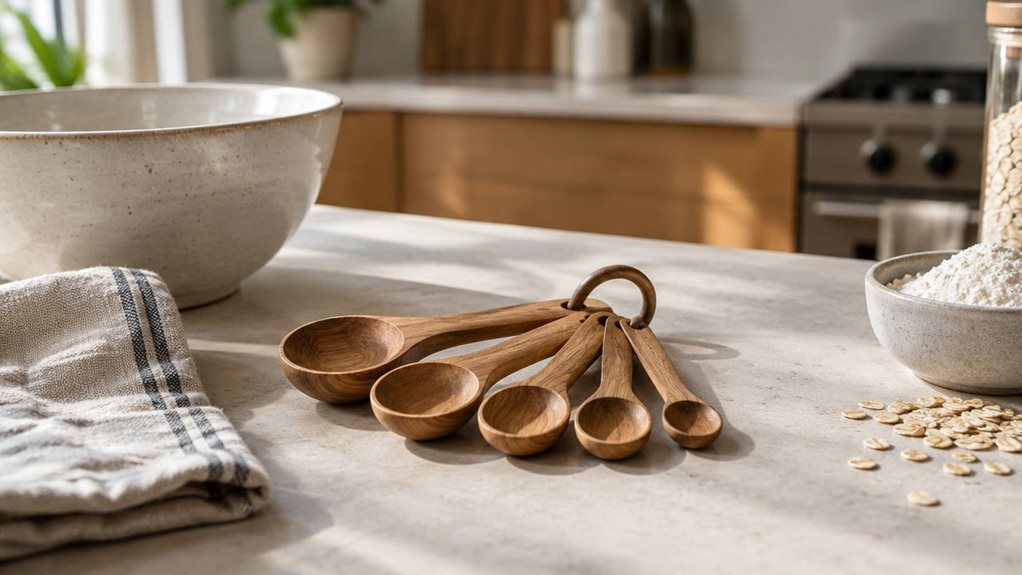 A photograph of a five-piece wooden measuring spoon set resting casually on a pale stone kitchen counter, arranged in a gentle fan beside a ceramic mixing bowl and a folded linen towel. The spoons are the clear hero, with smooth natural wood grain, neatly carved bowls in graduated sizes, and a simple connecting ring keeping the set together. A small dish of flour and a few scattered oats suggest everyday baking, without making the scene feel staged or mid-action. The horizont