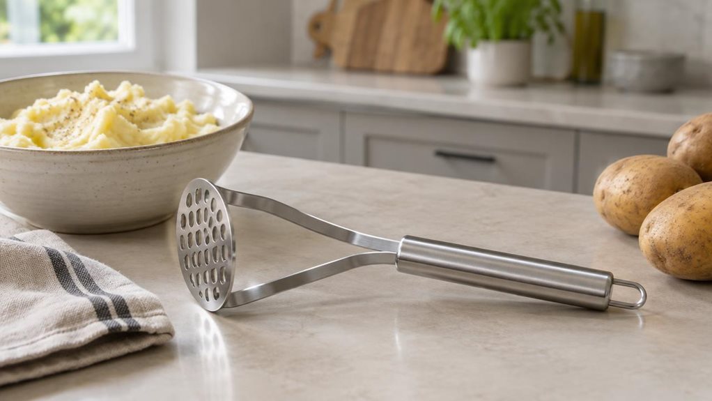 A photograph of a single premium stainless steel potato masher resting naturally on a pale stone kitchen counter beside a ceramic bowl of freshly mashed potatoes. The masher is the clear hero, its polished metal head and sturdy handle catching soft window light, with subtle reflections that reveal realistic brushed and smooth surfaces. A folded linen tea towel and a few unpeeled potatoes sit nearby, suggesting an everyday home kitchen without making the scene feel staged. The