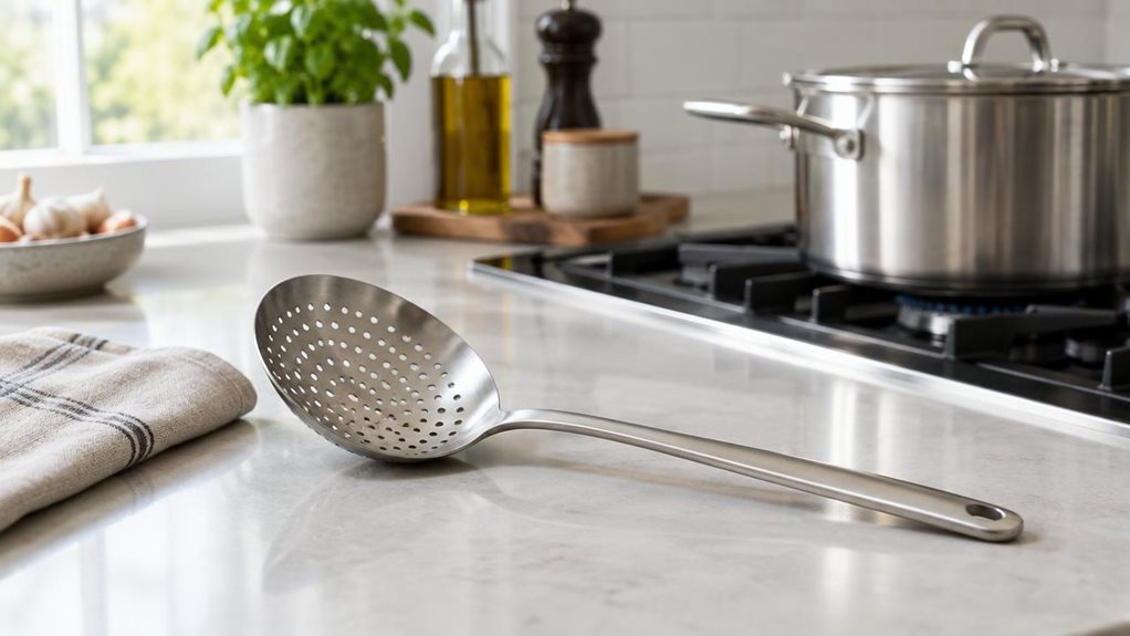 A photograph of a lightweight stainless-steel strainer spoon resting beside a pot on a clean, modern kitchen counter, composed horizontally in a 16:9 landscape frame. The spoon is the clear hero, its perforated bowl and slim handle catching soft highlights, with a folded neutral linen towel nearby. In the softly blurred background, a pot sits on the stovetop beside a few understated kitchen essentials, suggesting everyday use without showing anyone cooking. Natural window lig