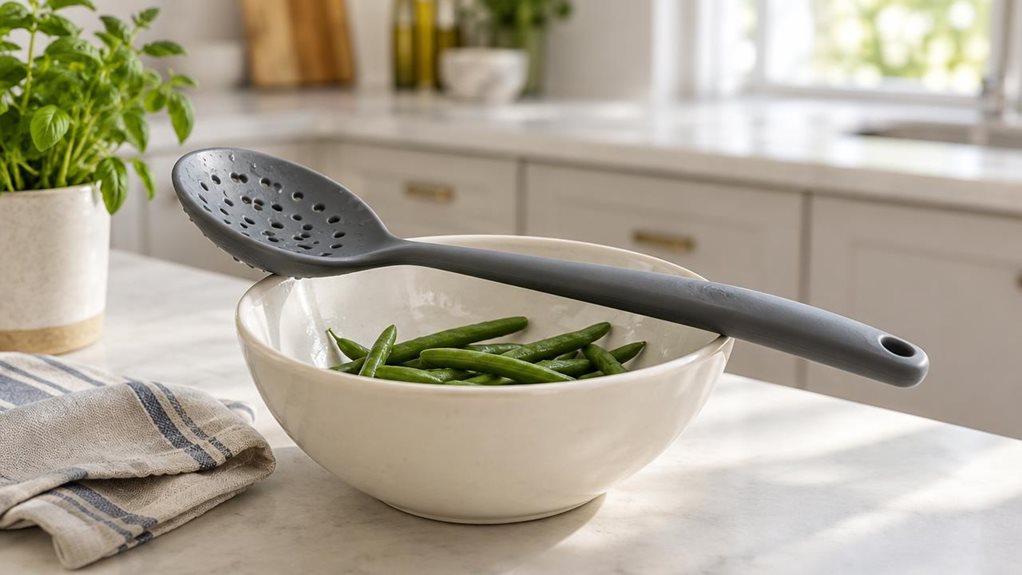A photograph of a single silicone strainer spoon resting naturally across the rim of a warm white ceramic bowl in a bright, modern home kitchen. The spoon has a gently curved, heat-resistant handle and a broad, perforated head, with a subtle matte finish and realistic details that make it look well used but clean. A few drained green beans sit in the bowl, while a folded linen towel and a small pot of herbs add quiet, everyday context without distracting from the utensil. The