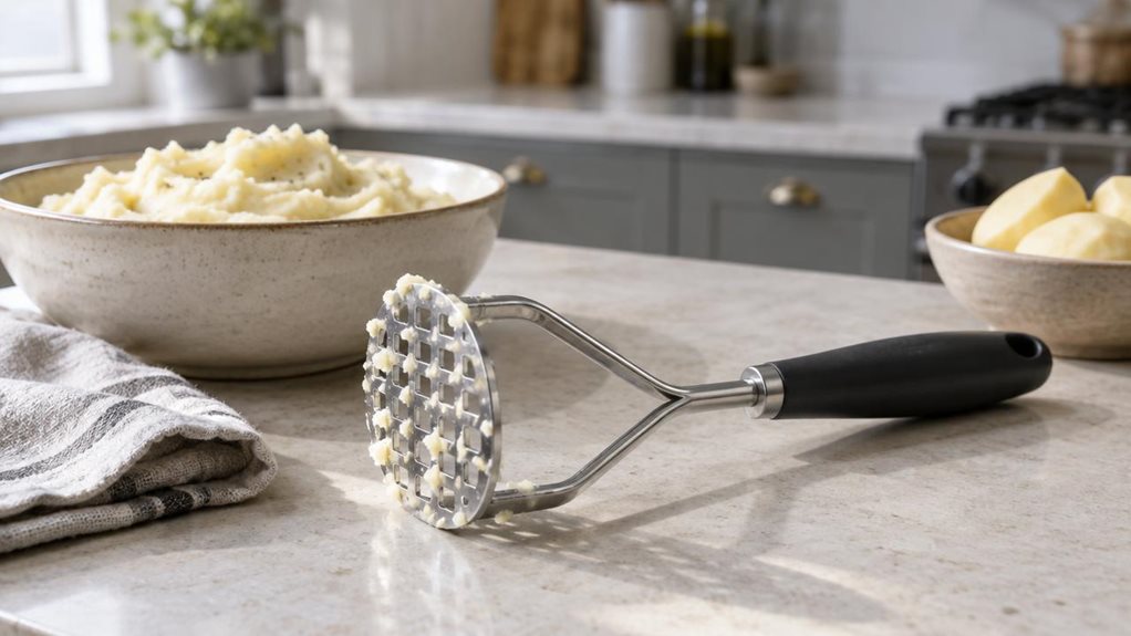 A photograph of a single stainless-steel potato masher resting beside a ceramic bowl of freshly mashed potatoes on a light stone kitchen counter, composed as a 16:9 landscape scene. The masher is the clear hero, its polished metal head and smooth dark handle rendered in crisp, realistic detail, with a few faint traces of potato clinging to the grid. Nearby, a folded linen towel and a small bowl of peeled potatoes lend a natural, lived-in feel without cluttering the frame. The
