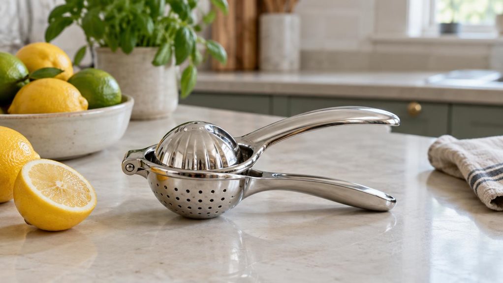 A photograph of a single stainless steel citrus juicer resting on a pale stone kitchen counter, composed as a horizontal 16:9 landscape scene. The polished, sculptural squeezer is the clear hero, its curved handles and perforated bowl catching soft highlights from natural window light. A cut lemon and a small dish of fresh citrus sit nearby, suggesting a lived-in kitchen without making the scene feel staged. In the softly blurred background, muted cabinetry, a leafy herb, and