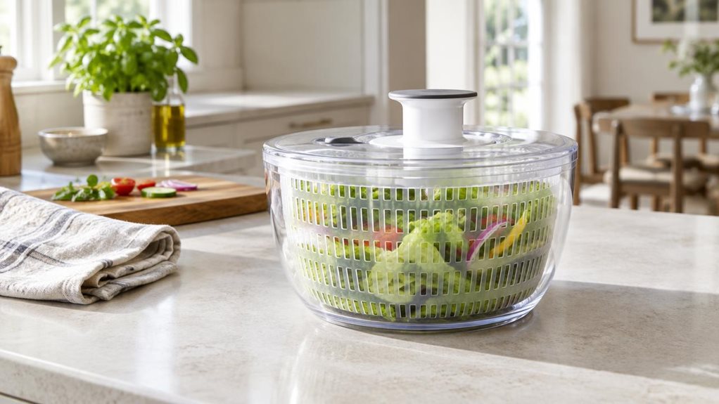 A photograph of a single salad spinner resting on a pale stone kitchen island in a bright, modern home kitchen, composed horizontally in a 16:9 landscape frame. The clear, rounded bowl and neatly fitted lid are the hero, with crisp lettuce leaves and a few colorful vegetable slices visible inside, suggesting a freshly prepared salad without showing anyone mid-action. A folded linen towel and a small wooden cutting board sit nearby, adding a casual, lived-in touch without dist