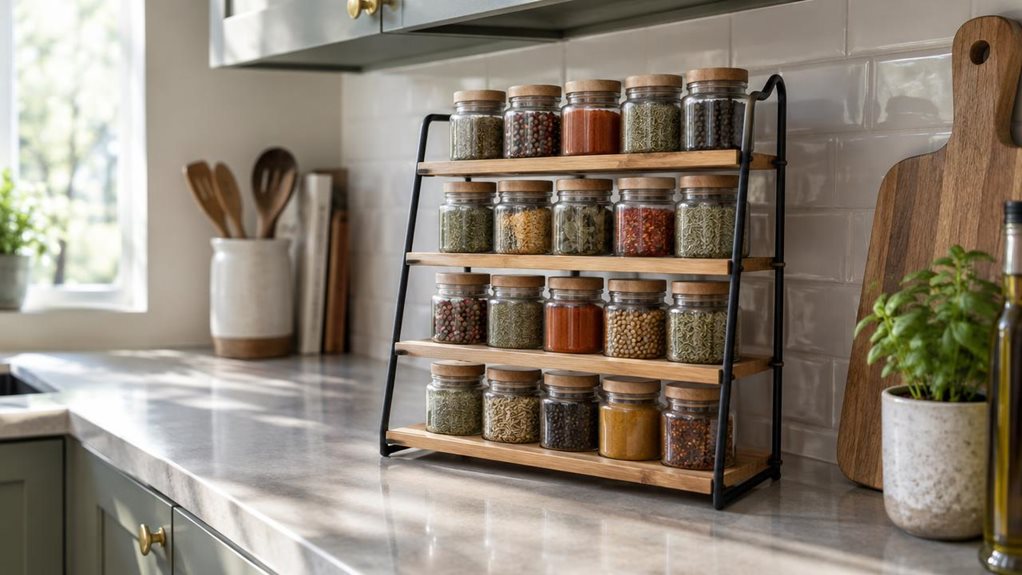 A photograph of a single four-tier spice rack resting on a kitchen countertop, composed horizontally in a 16:9 landscape frame. The organizer is the clear hero, neatly holding small glass jars of spices in staggered rows, with a few jars showing colorful peppercorns, paprika, and dried herbs. It sits naturally beside a wooden cutting board and a small potted herb, with understated cabinetry and a tiled backsplash suggesting a lived-in, modern kitchen. The scene feels candid a
