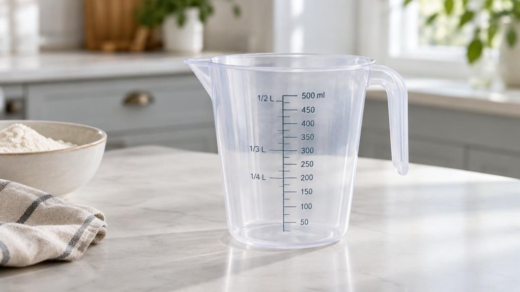 A photograph of a single 0.5-liter translucent measuring jug resting on a bright, tidy kitchen counter, composed as a horizontal 16:9 landscape scene. The jug is the clear hero, positioned slightly off-center with its graduated markings, sturdy handle, and tapered pouring spout sharply in focus. A few understated baking ingredients—a small bowl of flour and a folded linen tea towel—sit nearby, suggesting an everyday kitchen setting without distracting from the product. The sc