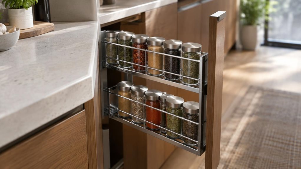A photograph of a single pull-out spice rack installed inside a modern kitchen cabinet, composed horizontally in a 16:9 landscape frame. The slim metal rack is the clear hero, shown extended just enough to reveal neatly arranged glass spice jars with simple, unmarked lids and labels. It sits naturally beside a pale stone countertop and warm wood cabinetry, with a few everyday kitchen details softly visible nearby. The scene feels candid and observational, as if captured durin
