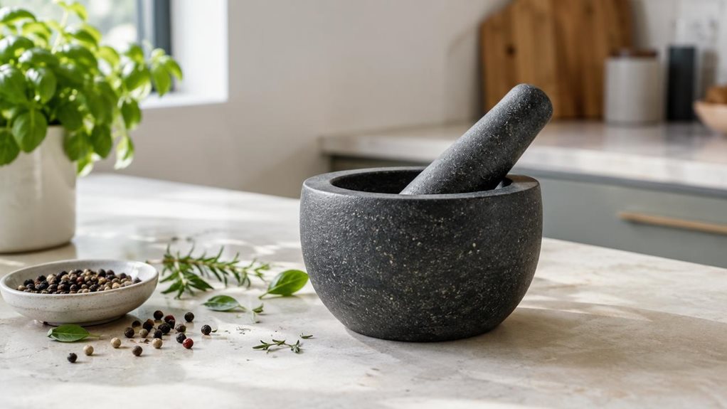 A photograph of a Joseph Joseph Dash Granite Mortar and Pestle in a horizontally composed 16:9 landscape scene, resting naturally on a pale stone kitchen counter. The single-piece set is the clear hero: a compact, dark granite mortar with a gently curved bowl and matching pestle nestled inside, its finely speckled surface and weighty, tactile texture rendered in crisp detail. Nearby, a small dish of peppercorns and a few loose herbs suggest everyday use without making the sce