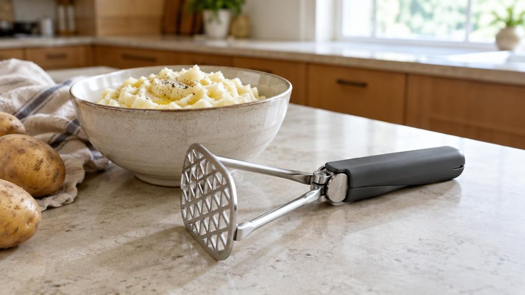 A photograph of a single folding potato masher resting beside a ceramic bowl of freshly mashed potatoes on a pale stone kitchen counter. The masher has a realistic stainless-steel mashing head with a distinctive triangular grid and a sturdy, dark-gray handle that folds neatly at its joint; no packaging or additional utensils distract from the product. A softly rumpled linen tea towel and a few potatoes sit nearby, suggesting an everyday home kitchen without making the scene f