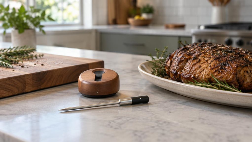 A photograph of a single wireless smart meat thermometer resting beside a wooden cutting board on a clean, modern kitchen counter. Its slim stainless-steel probe and compact, rounded wooden charging dock are clearly visible, with no branding or text. Nearby, a finished roast sits on a ceramic platter with a few herbs, suggesting the thermometer’s natural place in a home cook’s routine without showing anyone in action. The scene is horizontally composed in a 16:9 landscape fra
