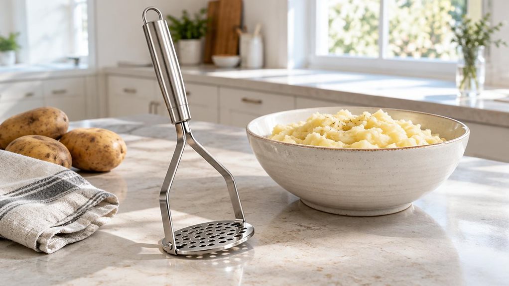 A photograph of a single stainless steel potato masher resting naturally beside a ceramic bowl of freshly mashed potatoes on a light stone kitchen counter. The masher is the clear hero, its polished metal handle and sturdy perforated plate catching soft highlights; no branding or text is visible. A folded linen tea towel and a few unpeeled potatoes nearby lend the scene a relaxed, lived-in feel without clutter. In the softly blurred background, a bright modern kitchen with pa