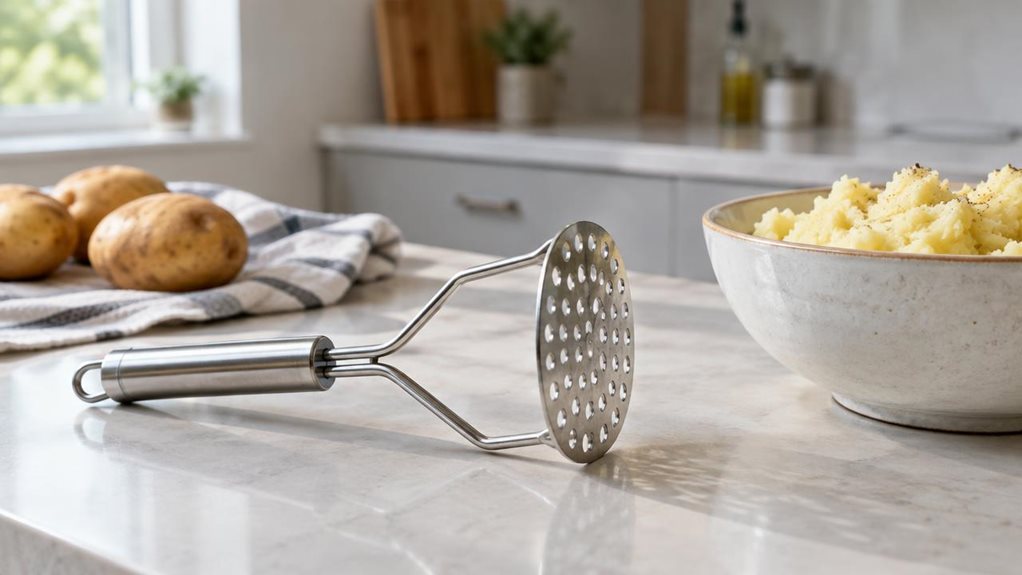A photograph of a single stainless steel potato masher resting naturally beside a ceramic bowl of freshly mashed potatoes on a clean, light-colored kitchen counter. The masher is the clear hero, its polished metal handle and sturdy perforated mashing plate catching the soft daylight from a nearby window. A folded linen tea towel and a few unpeeled potatoes sit casually nearby, suggesting an everyday home kitchen without feeling staged. In the softly blurred background, simple