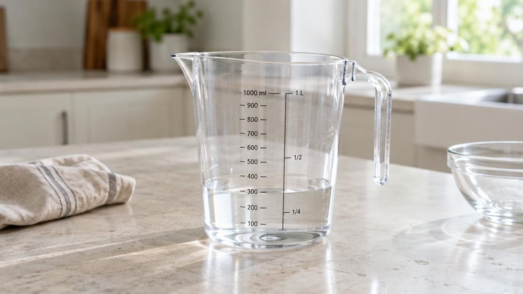 A photograph of a single clear, one-liter measuring jug resting on a pale stone kitchen countertop in a bright, contemporary home. The jug is the hero of a horizontally composed 16:9 landscape scene, its sturdy handle, pointed pouring spout, and crisp measurement markings clearly visible; a small amount of water sits at the bottom. Nearby, a folded linen towel and a simple glass bowl lend a natural, lived-in feel without distracting from the product. The composition feels can