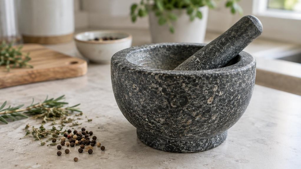 A photograph of a single granite mortar and pestle resting on a pale stone kitchen countertop, composed horizontally in a 16:9 landscape frame. The mortar is the clear hero, its substantial charcoal-gray bowl showing realistic speckled grain, subtle surface variations, and a gently worn interior; the matching pestle rests naturally inside. A few whole peppercorns and dried herbs sit nearby, suggesting everyday use without making the scene feel staged or mid-action. In the sof