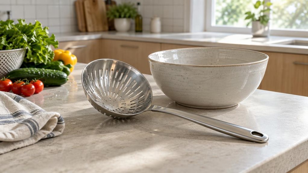 A photograph of a single stainless steel slotted strainer resting beside a deep ceramic bowl on a light stone kitchen counter, captured in a horizontally composed 16:9 landscape scene. Its polished metal surface and evenly spaced slots catch the soft morning light, while the long handle angles naturally toward the edge of the counter. A few rinsed vegetables and a folded linen towel sit nearby, suggesting an everyday kitchen routine without showing anyone mid-action. In the s