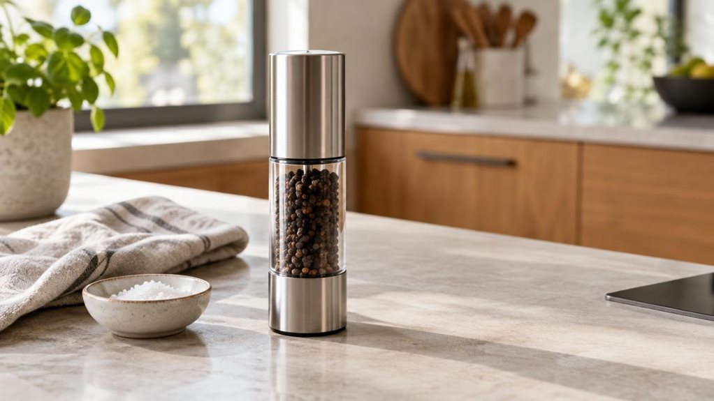 A photograph of a single sleek salt and pepper mill standing on a pale stone kitchen counter, framed in a horizontal 16:9 landscape composition. The mill has a clean, modern silhouette, a brushed stainless-steel top, and a transparent chamber filled with coarse peppercorns; its understated finish catches the soft morning light. Nearby, a folded linen towel and a small ceramic dish of sea salt add natural kitchen detail without distracting from the product. In the softly blurr
