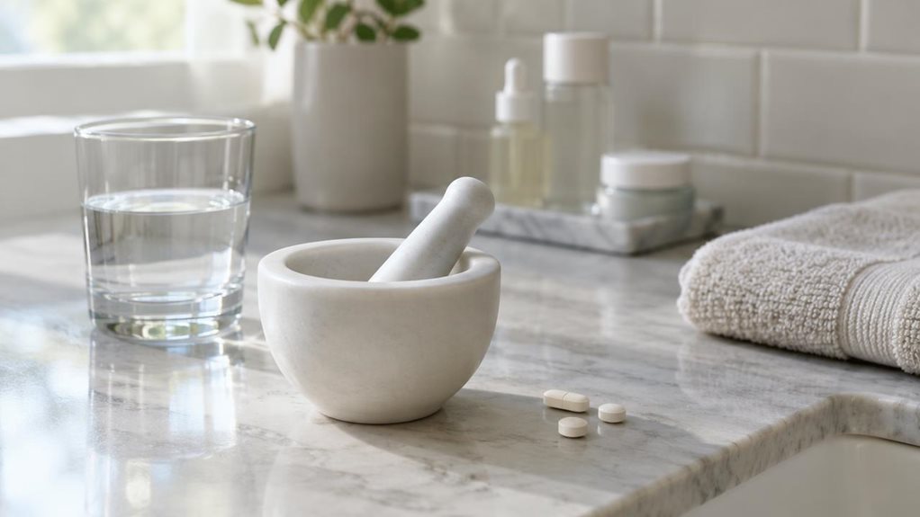 A photograph of a single small pill mortar and pestle resting on a clean bathroom vanity beside a glass of water and a neatly folded hand towel. The compact, unbranded mortar has a smooth, matte white finish, with its matching pestle resting naturally inside; its realistic proportions and subtle surface texture make it feel like an everyday wellness essential. A few small tablets sit nearby, arranged casually rather than as part of an active scene. The horizontally composed 1