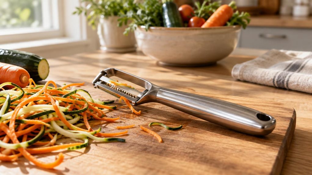 A photograph of a sunlit kitchen countertop, captured in a wide 16:9 landscape composition. A sleek metallic julienne peeler rests diagonally across a wooden cutting board, its stainless steel surface catching soft morning light streaming in from a nearby window. Thin, curling strands of carrot and zucchini lie scattered beside it, evidence of recent use, with a few loose shavings still clinging to the serrated blade edge. The peeler's ergonomic handle shows subtle brushed-me