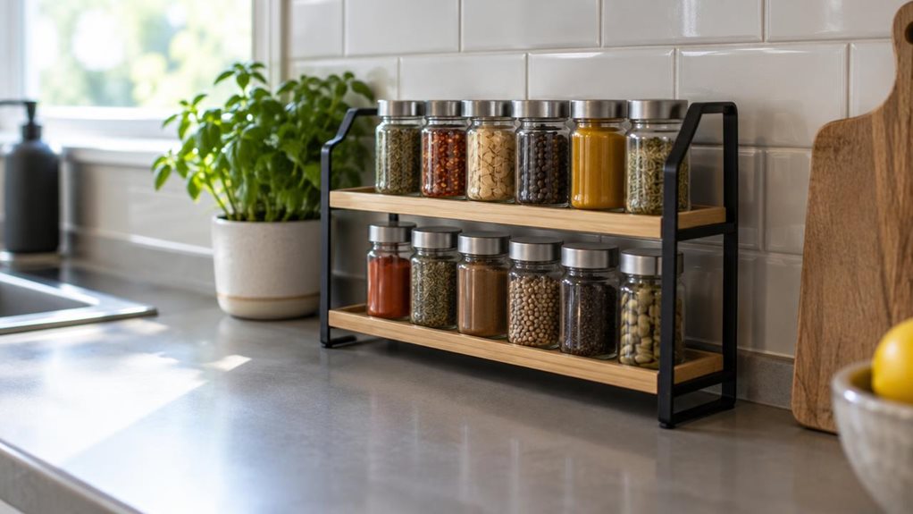 A photograph of a single two-tier spice rack organiser resting on a kitchen countertop beside a tiled backsplash, composed as a horizontal 16:9 landscape scene. The compact shelves hold a neat assortment of small glass spice jars, their varied colors and textures visible through the glass, with simple unmarked lids and labels. The rack is the clear hero, shown at a natural three-quarter angle that reveals both tiers and its practical proportions. Nearby, a wooden chopping boa