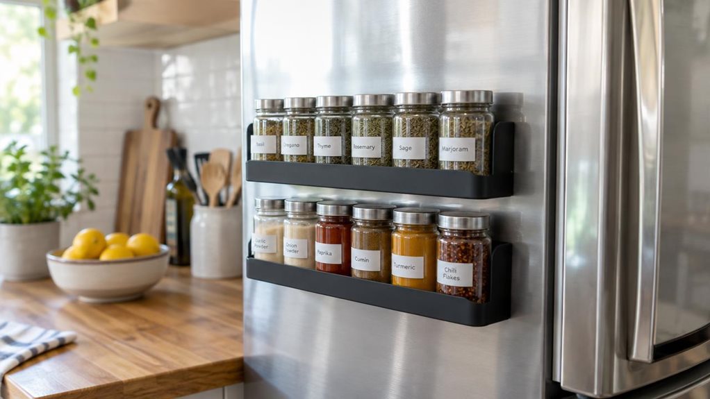 A photograph of a single magnetic spice rack attached to the side of a modern stainless-steel refrigerator in a bright, lived-in kitchen. The rack is the clear hero of the horizontally composed, 16:9 landscape scene, holding a neat assortment of small glass spice jars with simple, unbranded labels. A wooden countertop, a ceramic bowl of lemons, and a few softly blurred kitchen details sit nearby, suggesting everyday use without making the scene feel staged. The composition fe